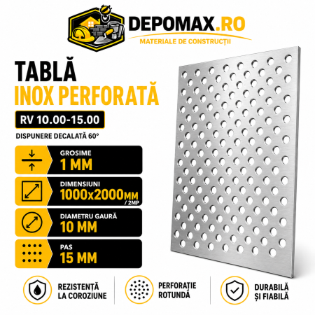 Tabla inox perforata AISI 304 RV 10.00-15.00, 1 x 1000 x 2000 mm, 2 mp